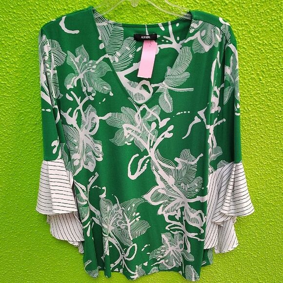 Alfani Green and White Ruffled Bell Sleeve Blouse - Picture 1 of 3